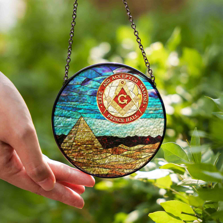 Masonic Pyramid Sun Emblem Circle Yellow Red Blue Glass Suncatcher