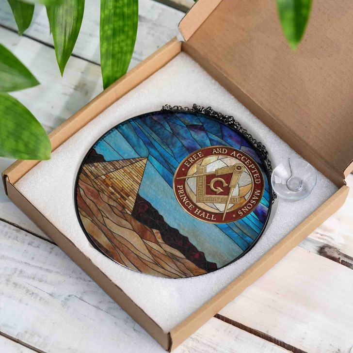 Masonic Pyramid Sun Emblem Circle Yellow Red Blue Glass Suncatcher