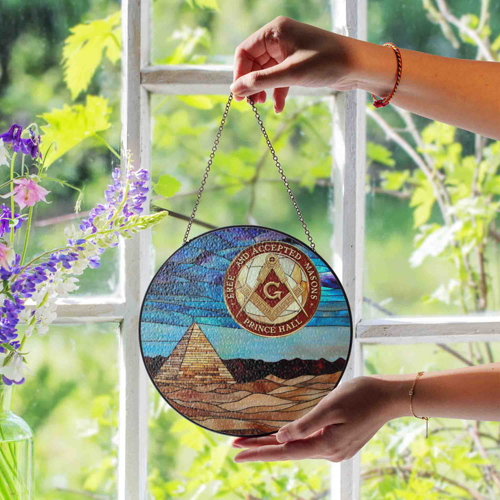 Masonic Pyramid Sun Emblem Circle Yellow Red Blue Glass Suncatcher