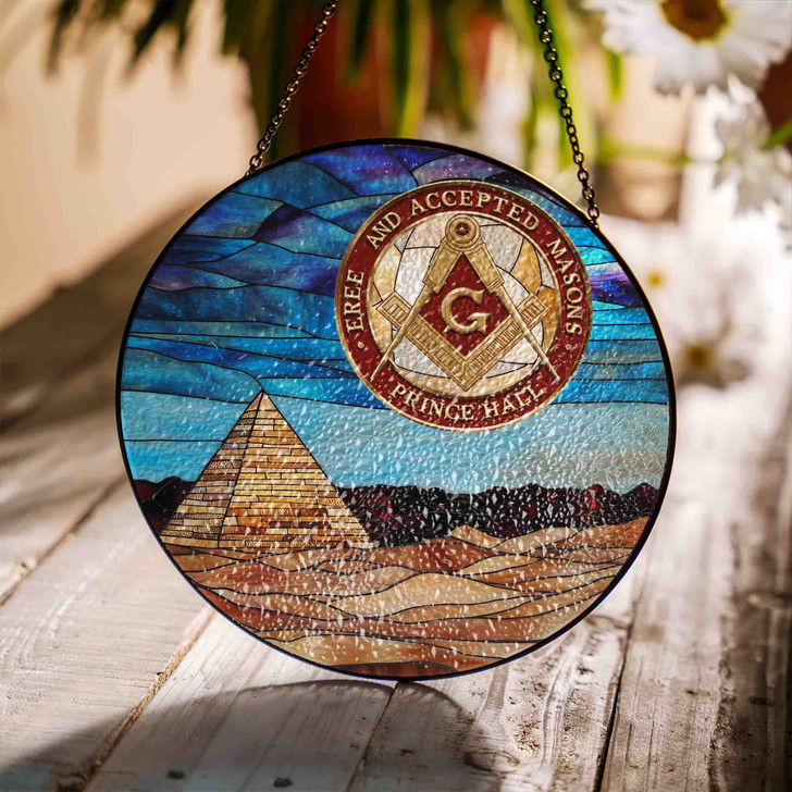 Masonic Pyramid Sun Emblem Circle Yellow Red Blue Glass Suncatcher