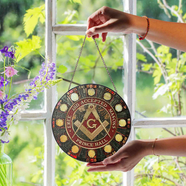 Masonic Symbol Freemasonry Round Table Red Gold Stained Glass Suncatcher