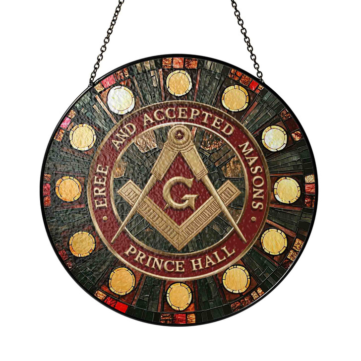 Masonic Symbol Freemasonry Round Table Red Gold Stained Glass Suncatcher