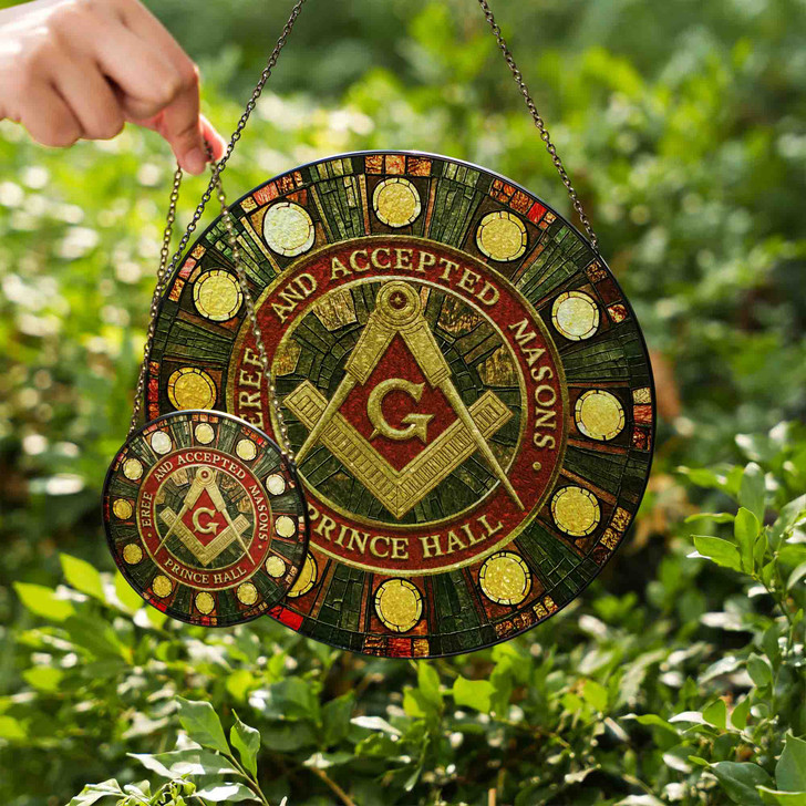 Masonic Symbol Freemasonry Round Table Red Gold Stained Glass Suncatcher