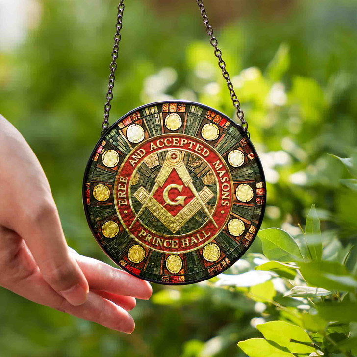 Masonic Symbol Freemasonry Round Table Red Gold Stained Glass Suncatcher