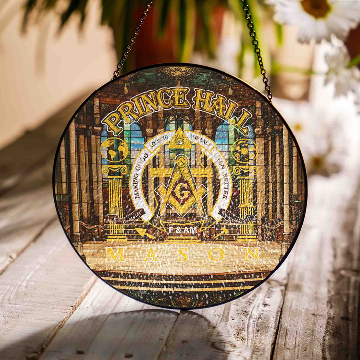 Majestic Prince Hall Masonic Lodge Golden Theater Gold Stained Glass Suncatcher