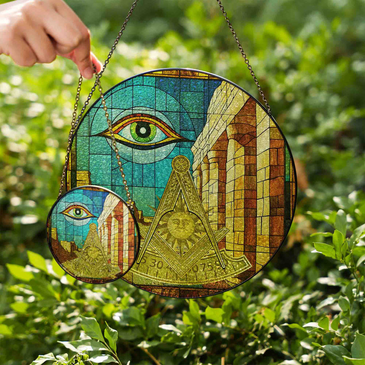 Masonic Past Master Symbo Stone Temple All Seeing Eye Stained Glass Suncatcher