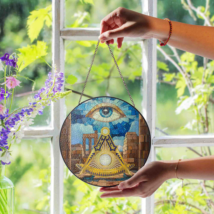 Masonic Past Master Symbol Stone Ruins All Seeing Eye  Stained Glass Suncatcher