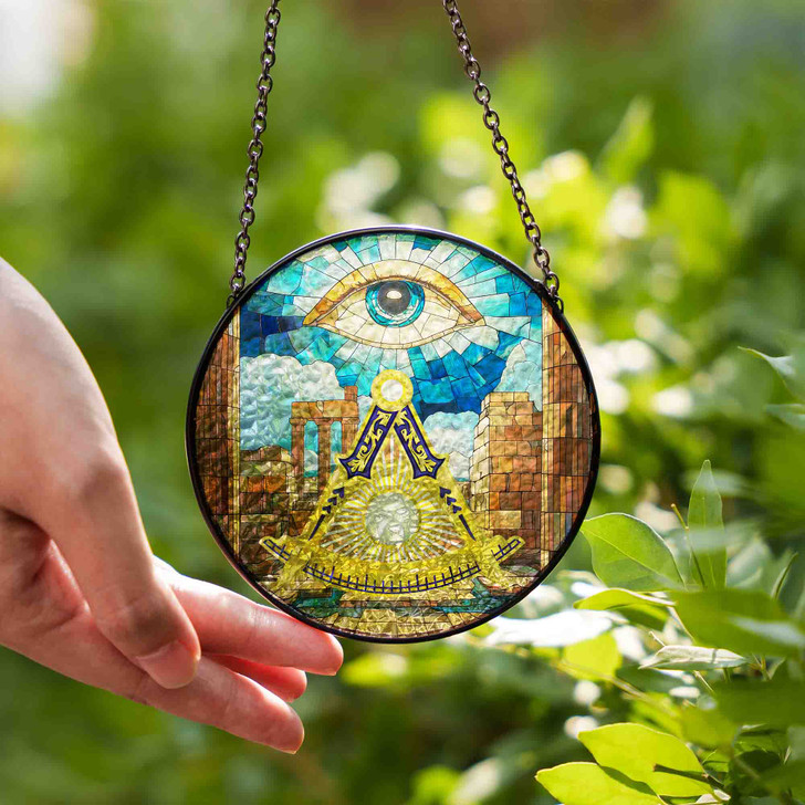 Masonic Past Master Symbol Stone Ruins All Seeing Eye  Stained Glass Suncatcher