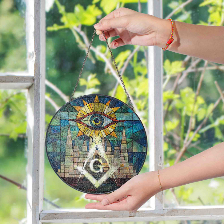 Masonic Symbol Sunburst Stone Structure All Seeing Eye Stained Glass Suncatcher