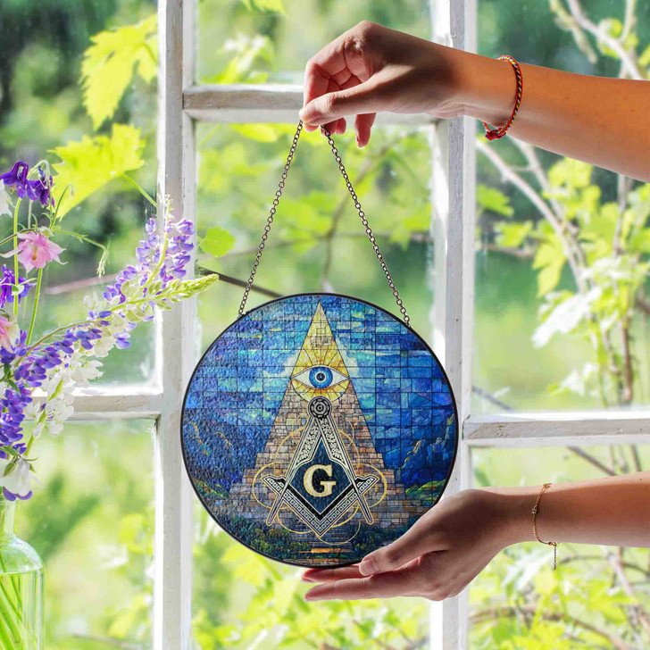 Masonic Symbol Stone Monument All Seeing Eye Colorful Stained Glass Suncatcher