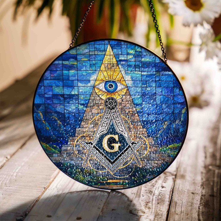 Masonic Symbol Stone Monument All Seeing Eye Colorful Stained Glass Suncatcher