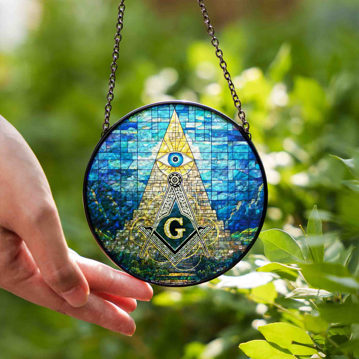 Masonic Symbol Stone Monument All Seeing Eye Colorful Stained Glass Suncatcher