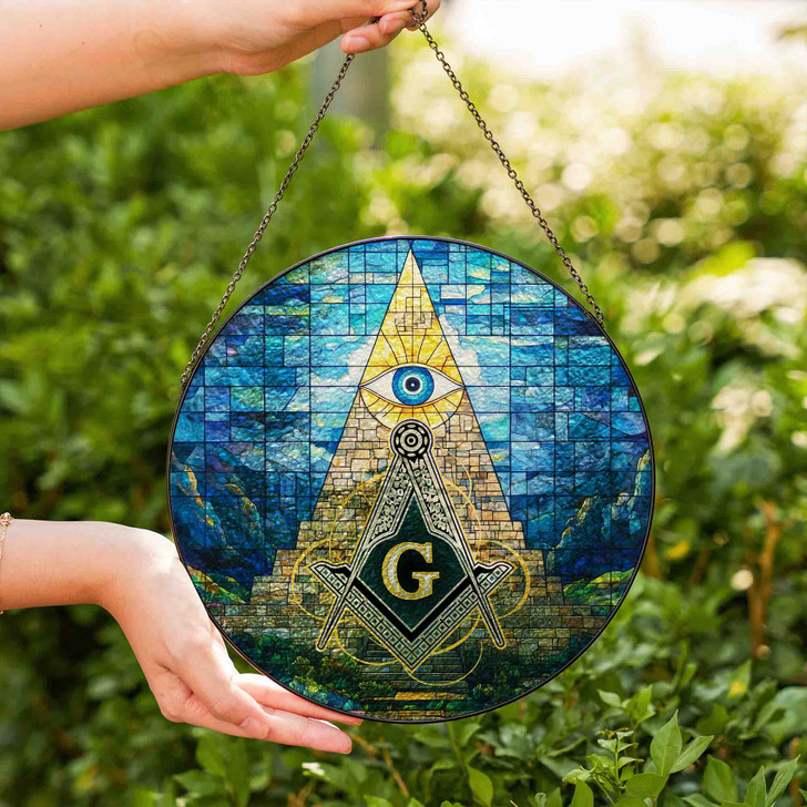 Masonic Symbol Stone Monument All Seeing Eye Colorful Stained Glass Suncatcher