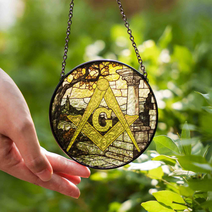 Masonic Symbol Freemasonry Lone Stone Pillar Gray Yellow Stained Glass Suncatcher