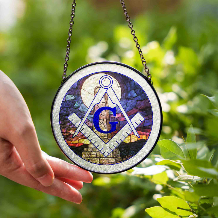 Moon Stone Obelisk Masonic Symbol Purple Night Glass Suncatcher