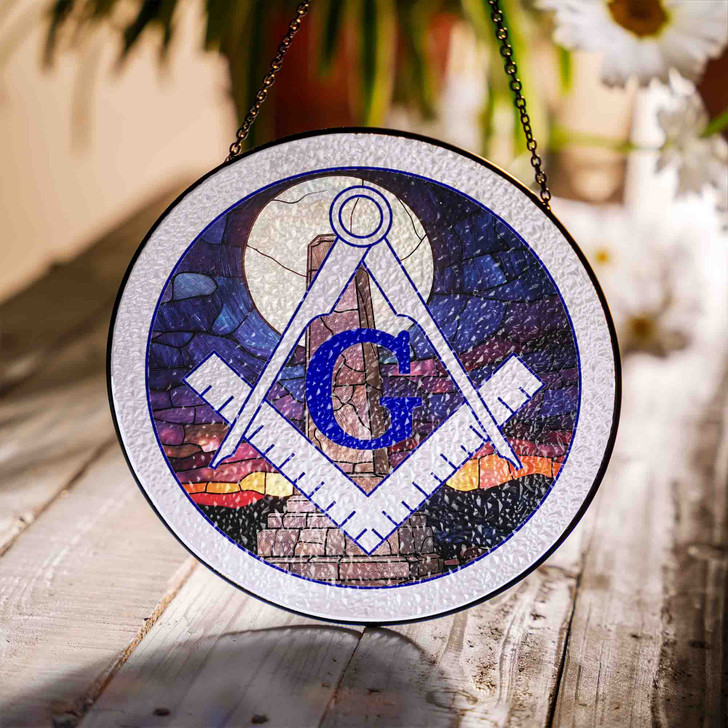 Moon Stone Obelisk Masonic Symbol Purple Night Glass Suncatcher