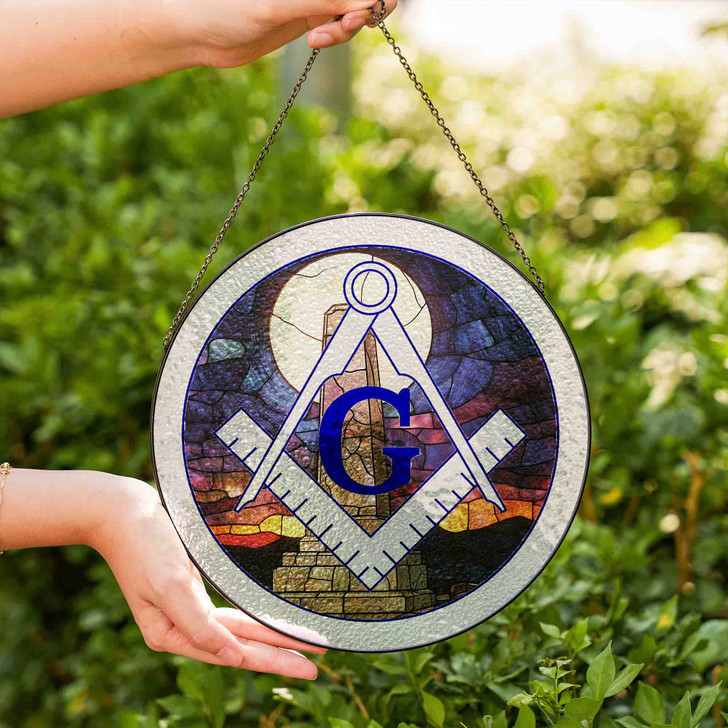 Moon Stone Obelisk Masonic Symbol Purple Night Glass Suncatcher