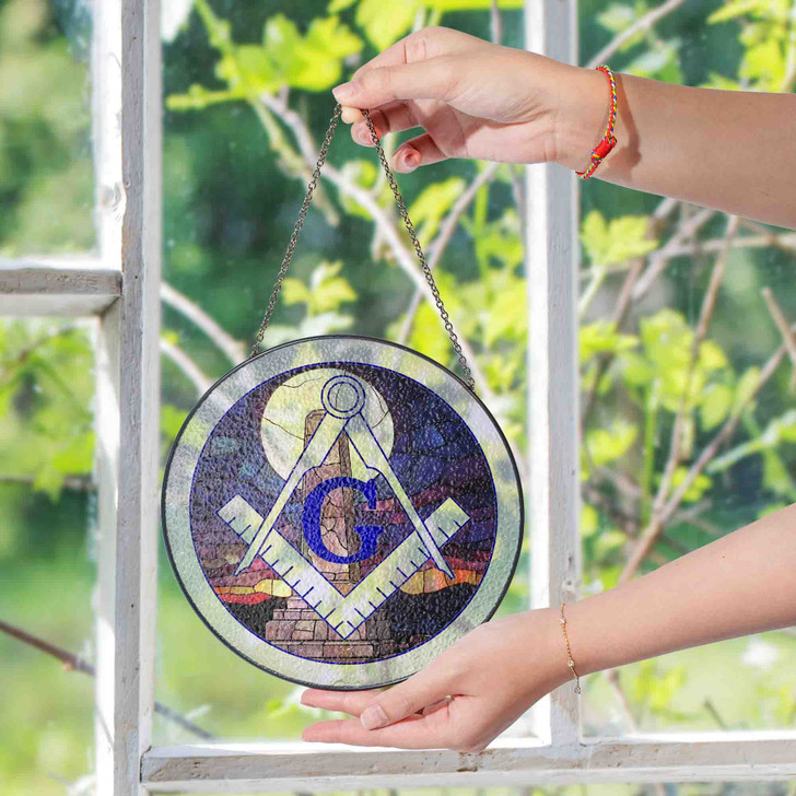 Moon Stone Obelisk Masonic Symbol Purple Night Glass Suncatcher