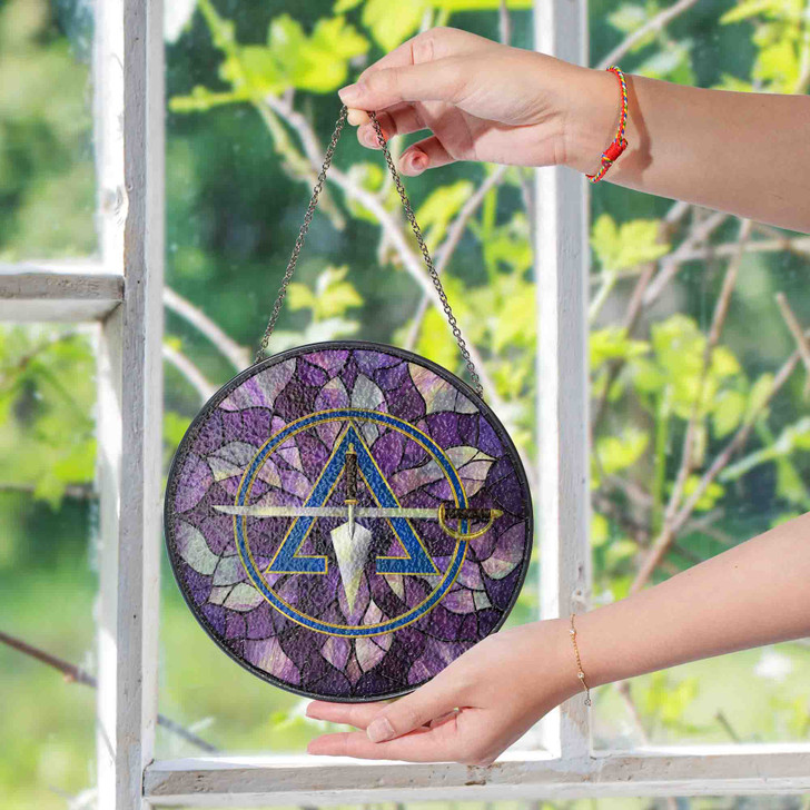 Cryptic Council Symbol Freemason Floral Pattern Purple Stained Glass Suncatcher