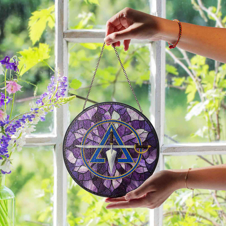 Cryptic Council Symbol Freemason Floral Pattern Purple Stained Glass Suncatcher