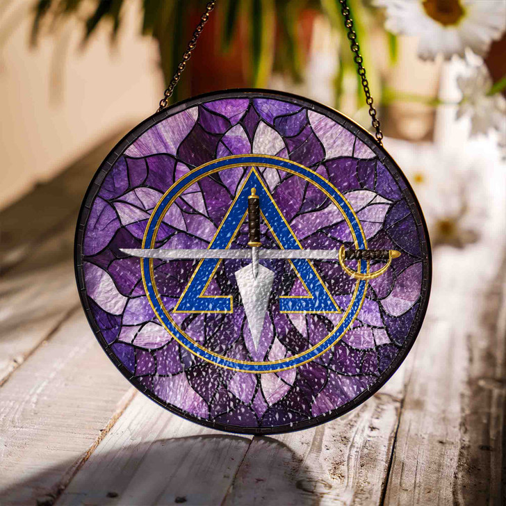 Cryptic Council Symbol Freemason Floral Pattern Purple Stained Glass Suncatcher