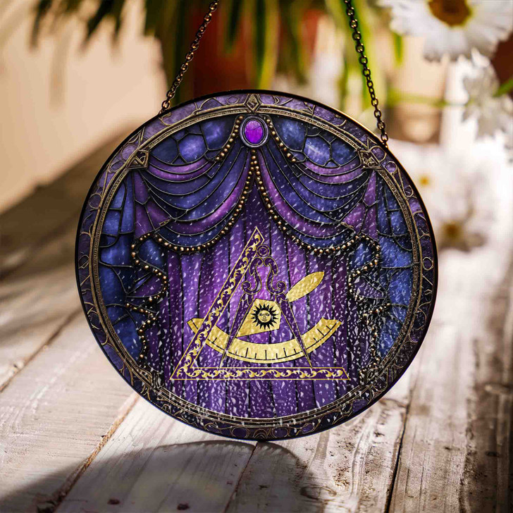 Freemason Curtain And Cryptic Council Symbol Purple Stained Glass Suncatcher