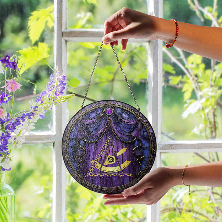 Freemason Curtain And Cryptic Council Symbol Purple Stained Glass Suncatcher