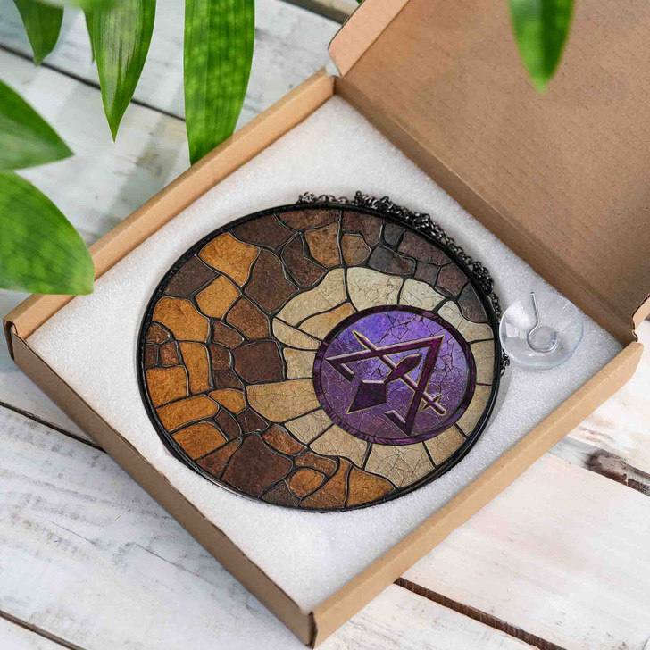 Freemason Burrowed Ground Cryptic Council Symbol Brown Purple Stained Glass Suncatcher