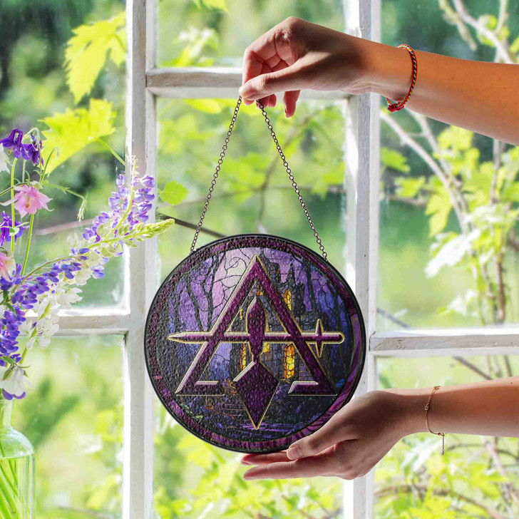 Night Stone Castle Cryptic Council Symbol Purple Stained Glass Suncatcher