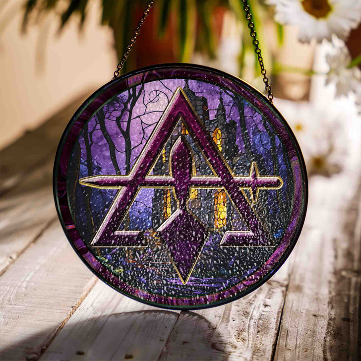 Night Stone Castle Cryptic Council Symbol Purple Stained Glass Suncatcher