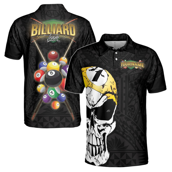 Custom Name Billiard Balls Skull Tribal Pattern Black 3D Men's Polo Shirt S-5XL