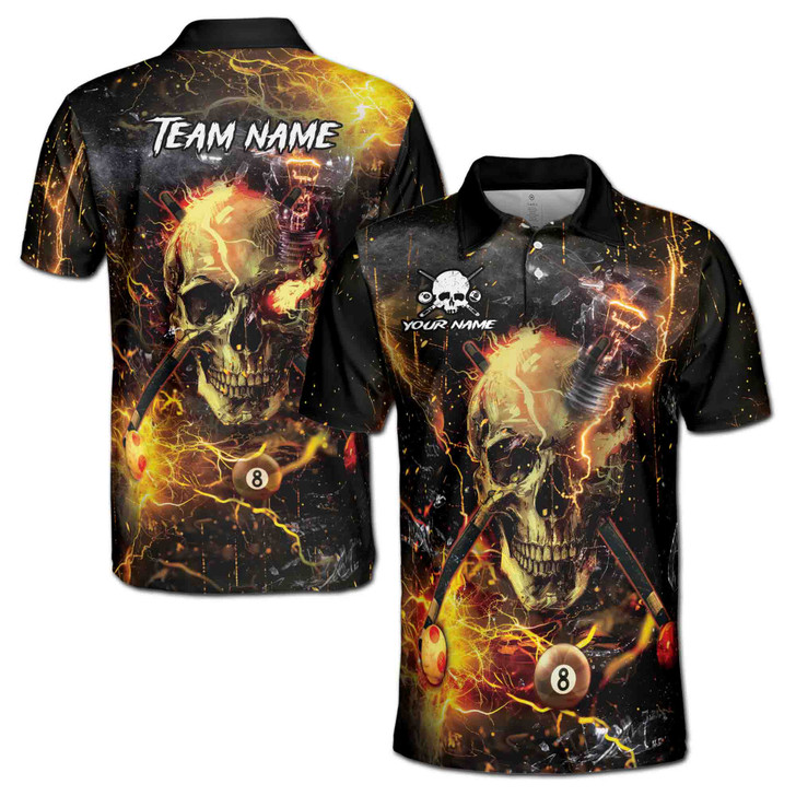 Customize Name Billiard Balls Electrified Skull Stroke of Genius Black 3D Men's Polo Shirt S-5XL