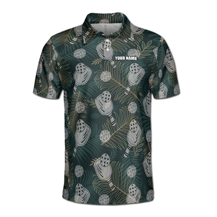 Customize Name Pickleball Paddle Leaves Pattern Dark Green 3D Men's Polo Shirt S-5XL
