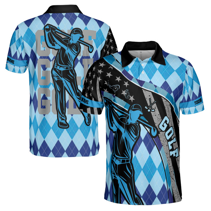 Customize Name Golf Player Swing America Flag Blue Black 3D Men's Polo Shirt S-5XL