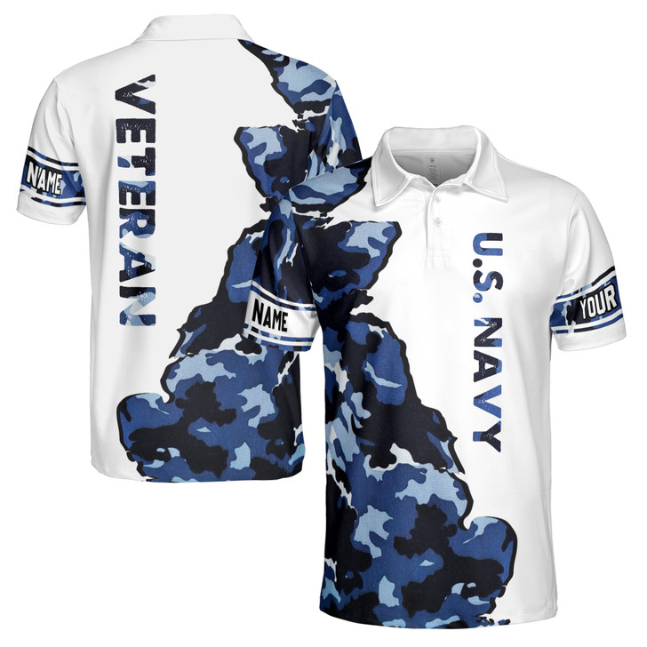 Customize Name Camo Pattern Navy Veteran Blue White Men's Polo Shirt S-5XL