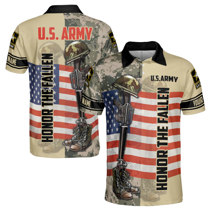 Customize Name Helmet Gun Boots Army Veteran USA Flag Beige Green Men's Polo Shirt S-5XL