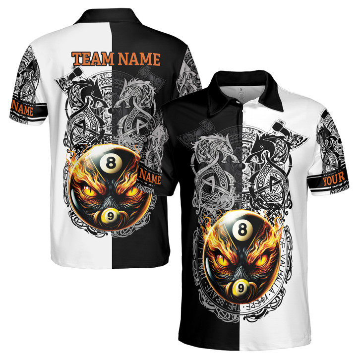 Customize Name Billiard Balls Dragons Fiery Glare Tribal Pattern Black White 3D Men's Polo Shirt S-5XL