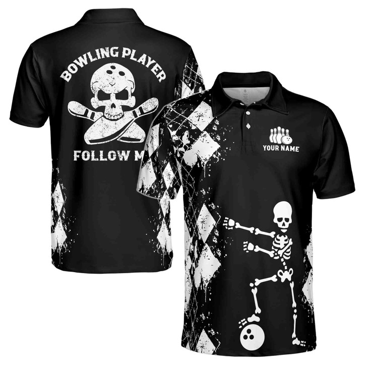 Customize Name Bowling Ball Pin Skeleton Black White 3D Men's Polo Shirt S-5XL