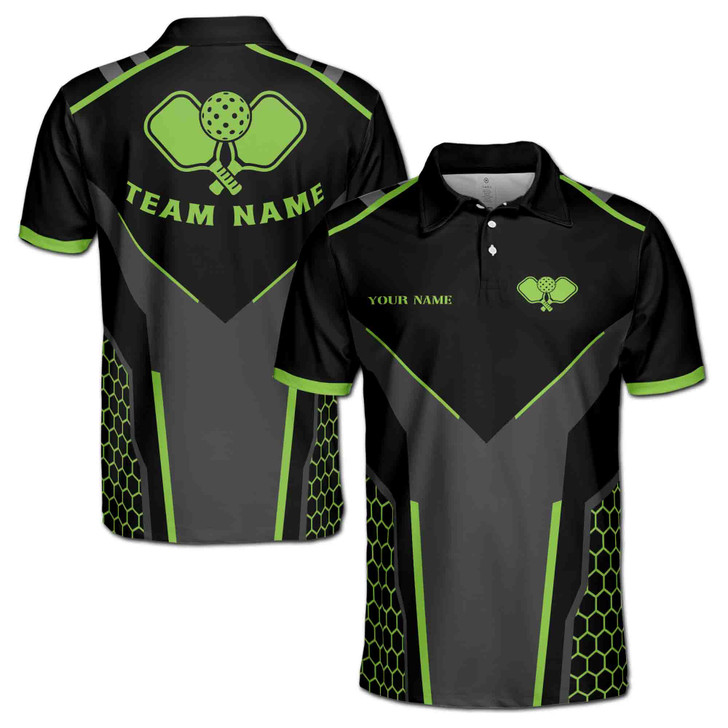 Customize Name Pickleball Paddle Hexagon Pattern Black Lime 3D Men's Polo Shirt S-5XL