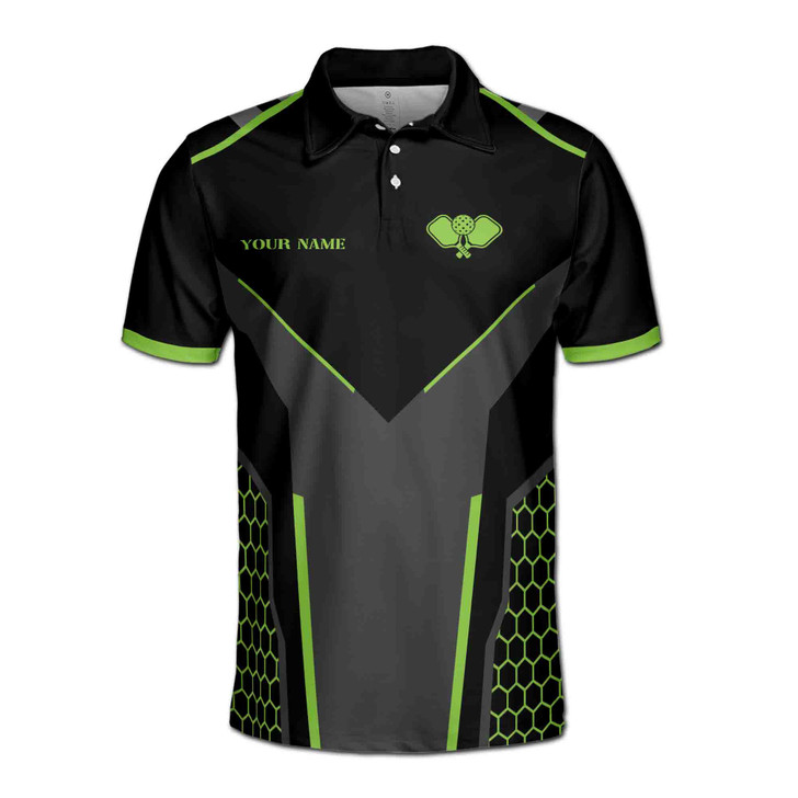 Customize Name Pickleball Paddle Hexagon Pattern Black Lime 3D Men's Polo Shirt S-5XL