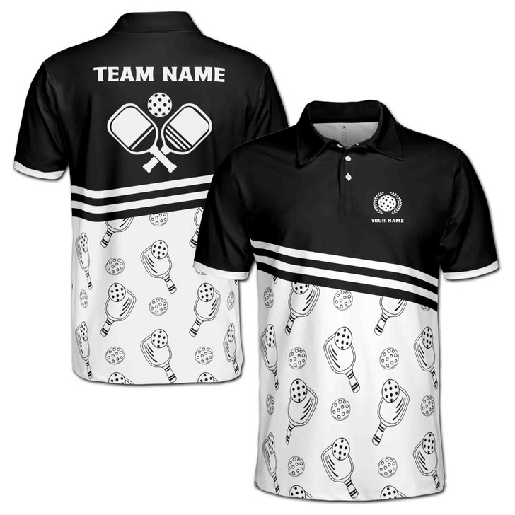 Customize Name Pickleball Paddle Olive Wreath Pattern Black White 3D Men's Polo Shirt S-5XL