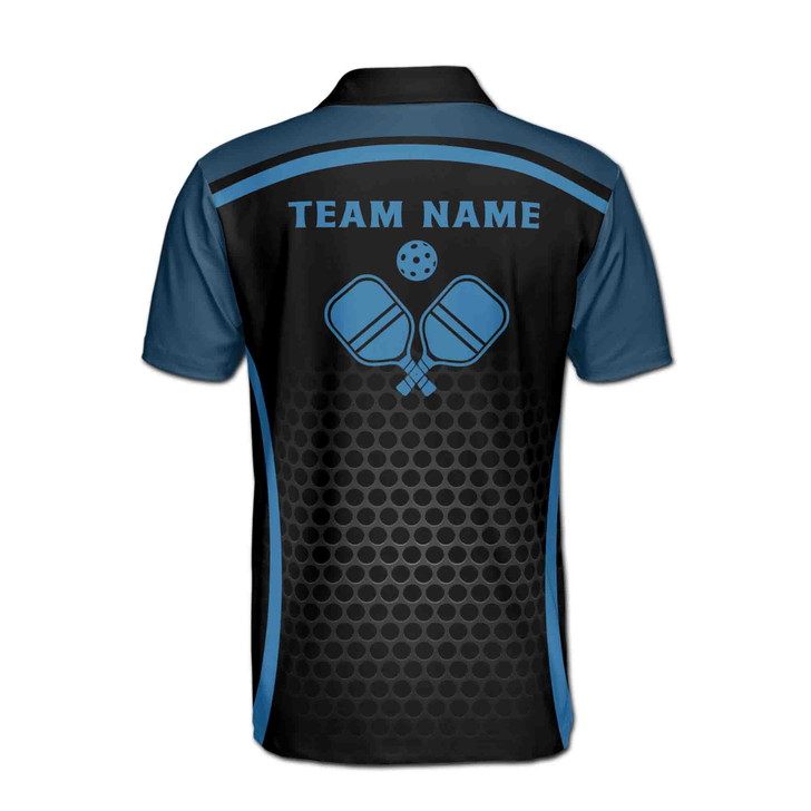 Custom Name Pickleball Paddle Grate Pattern Black Blue 3D Men's Polo Shirt S-5XL