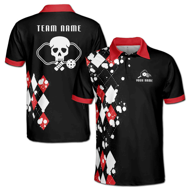 Custom Name Pickleball Paddle Skull Black White Red 3D Men's Polo Shirt S-5XL