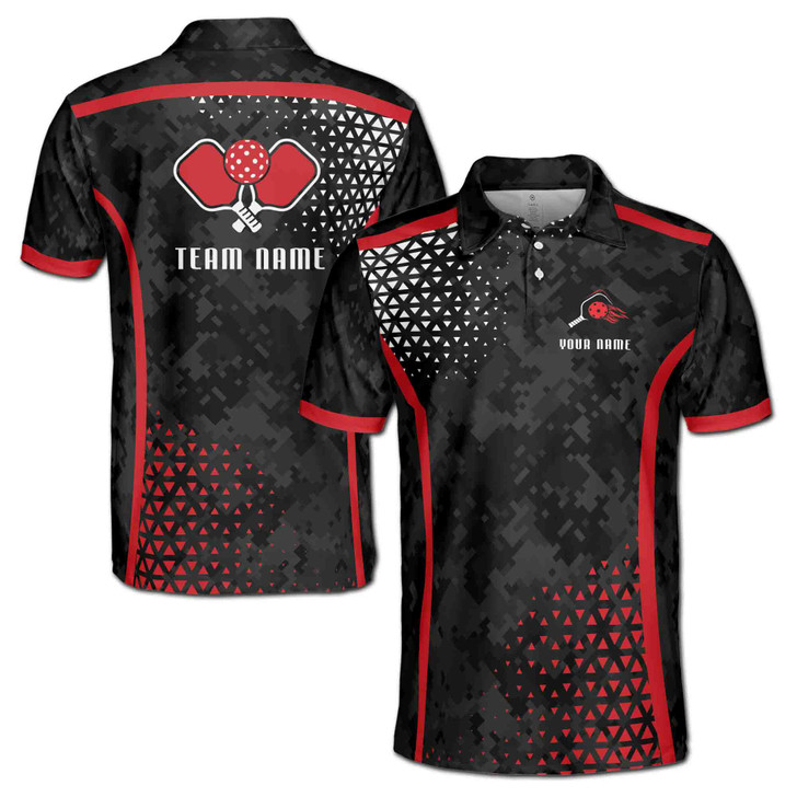 Custom Name Pickleball Paddle Geometric Black Red 3D Men's Polo Shirt S-5XL