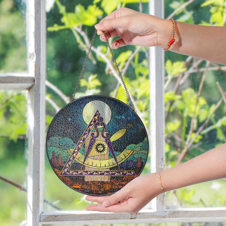 Cryptic Council Symbol Freemason Night Stone Tablet Colorful Stained Glass Suncatcher