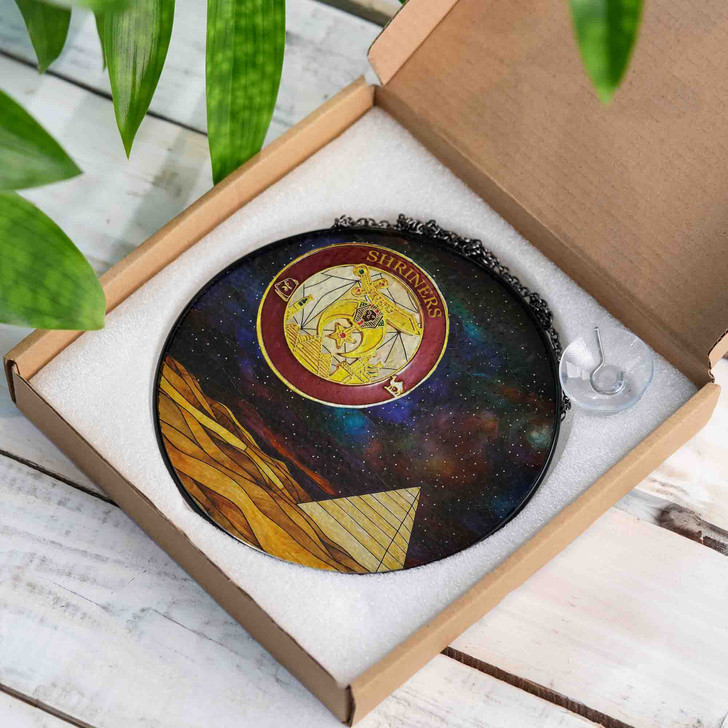 Shriners Circle Emblem Freemason Moon Desert Pyramid Sand Blue Stained Glass Suncatcher