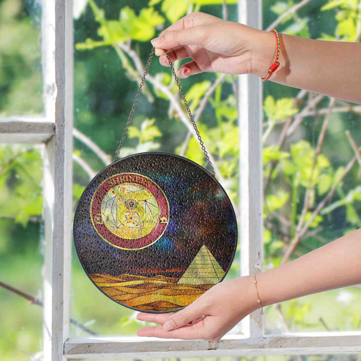 Golden Shriners Symbol Freemason Moon Desert Pyramid Sand Blue Stained Glass Suncatcher