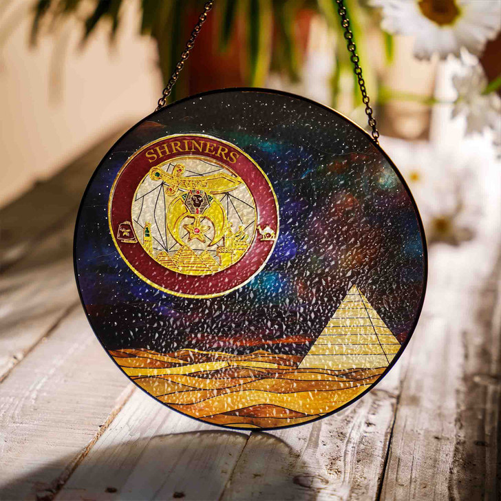 Golden Shriners Symbol Freemason Moon Desert Pyramid Sand Blue Stained Glass Suncatcher