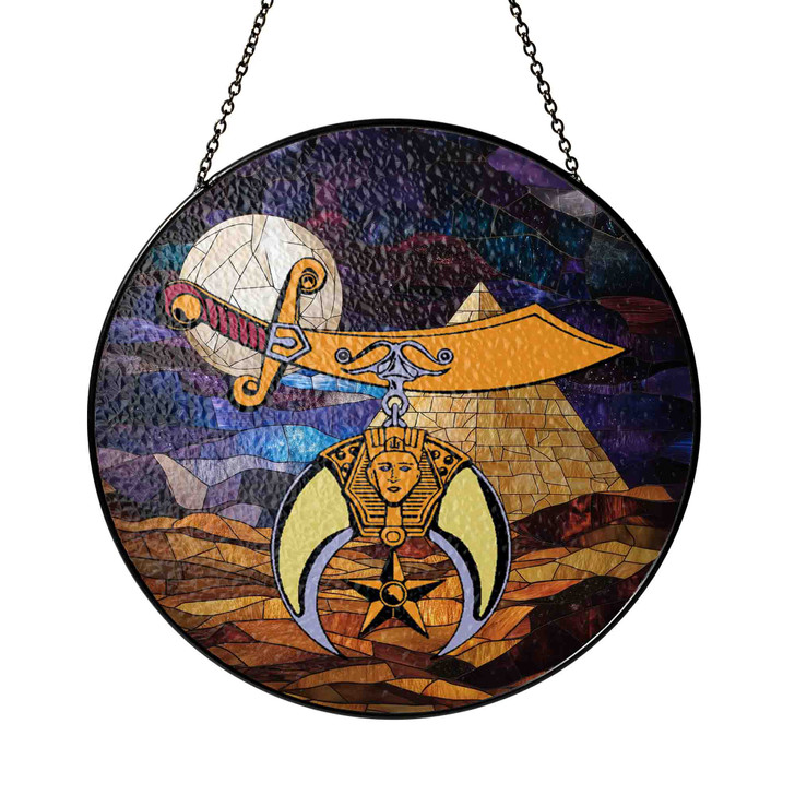 Shriners Symbol Freemason Moon Night Desert Pyramid Sand Blue Stained Glass Suncatcher