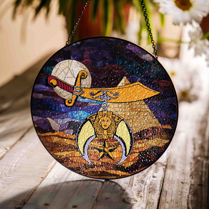 Shriners Symbol Freemason Moon Night Desert Pyramid Sand Blue Stained Glass Suncatcher